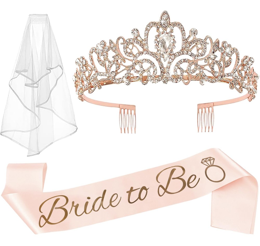 JETKONG 3-Piece Bachelorette Party Decor Set with Bride Crown for Bridal Showers