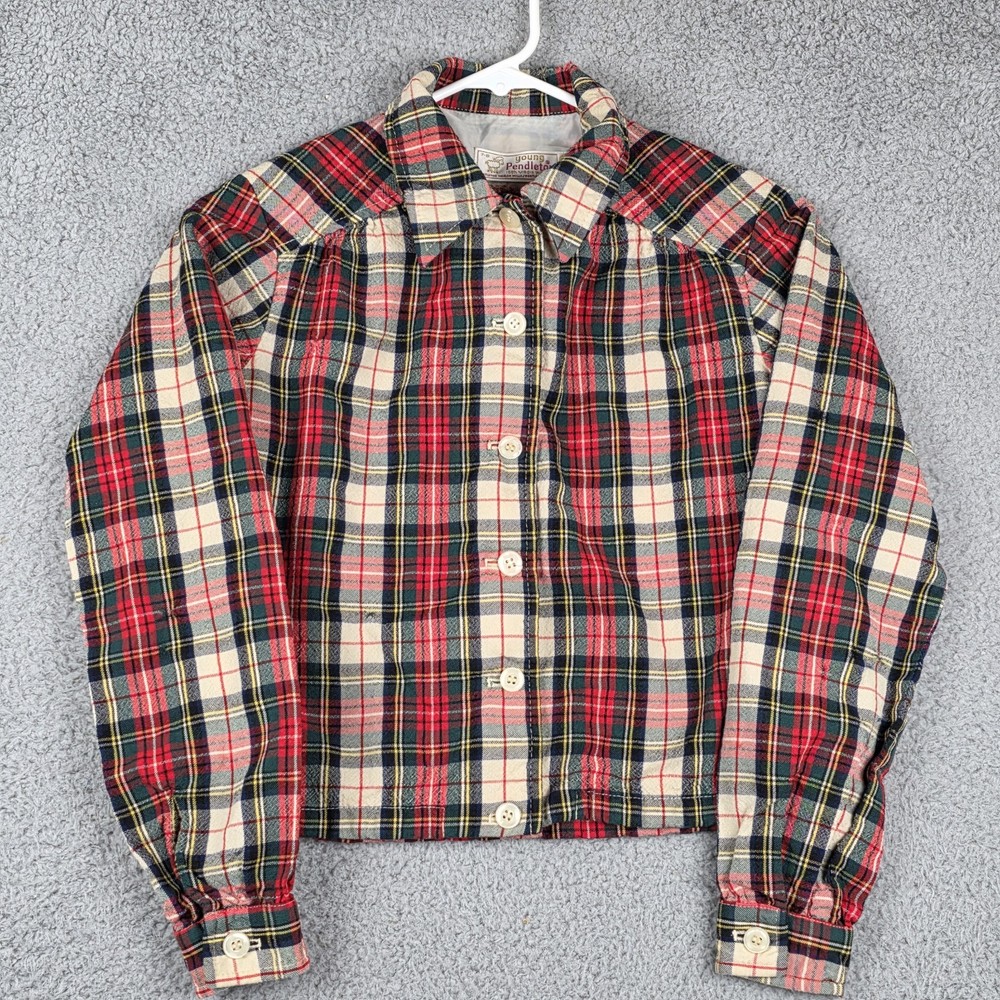 Vintage Young Pendleton Shirt Kids Boys 7 8 Tartan Plaid Wool Button Up USA Made