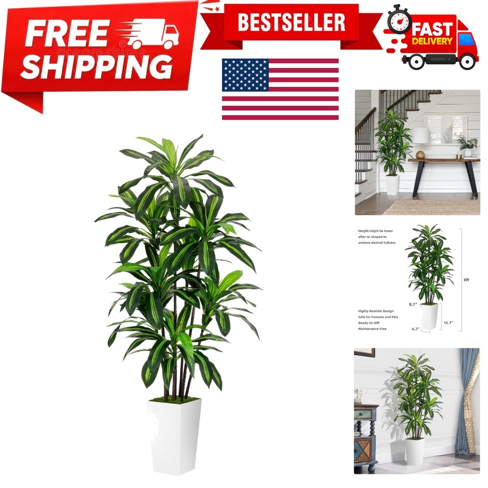 Artificial Dracaena Plant 6FT - Fake Tree with White Tall Planter - Faux Yucc...