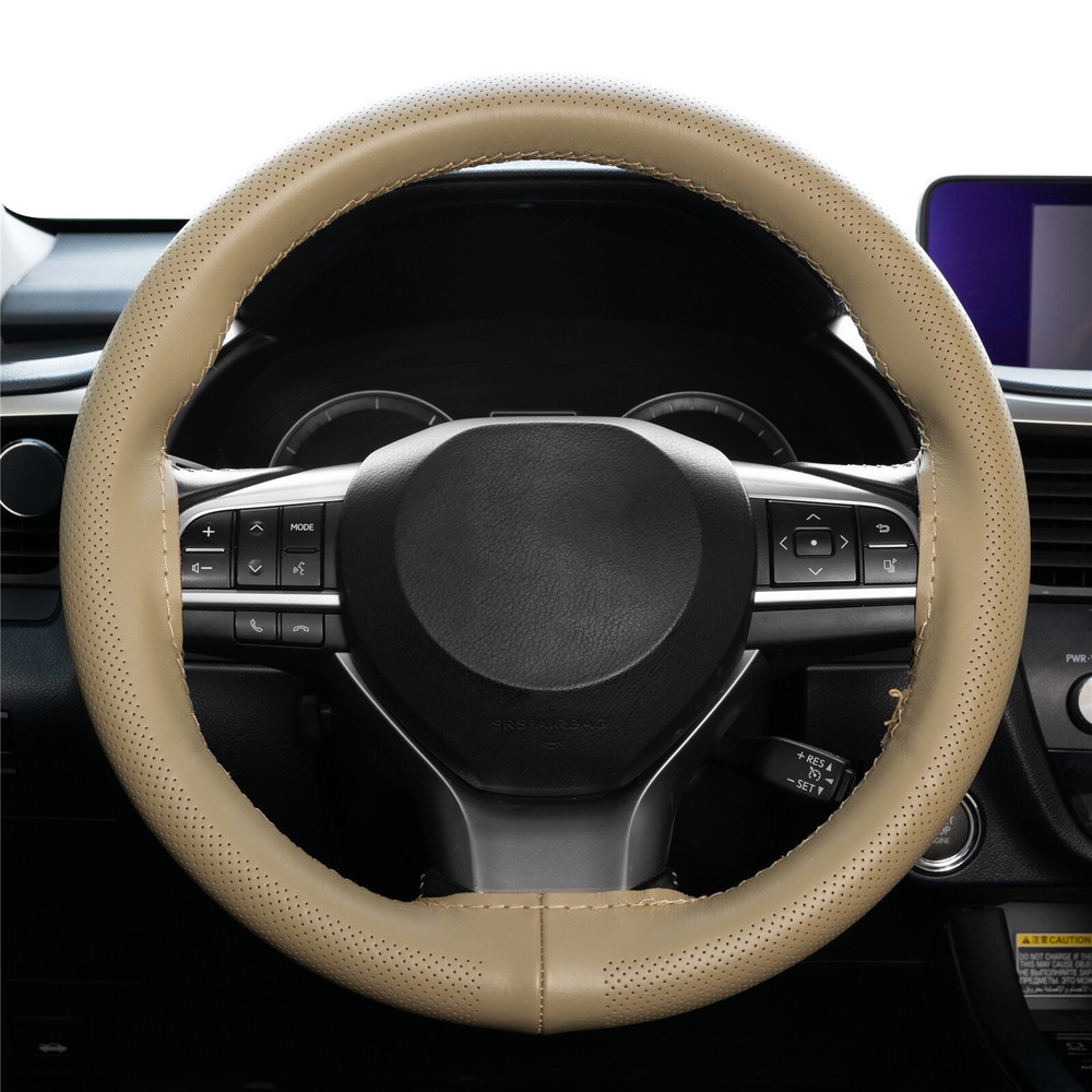 Beige Genuine Leather DIY Anti-Slip Steering Wheel Cover for Cars