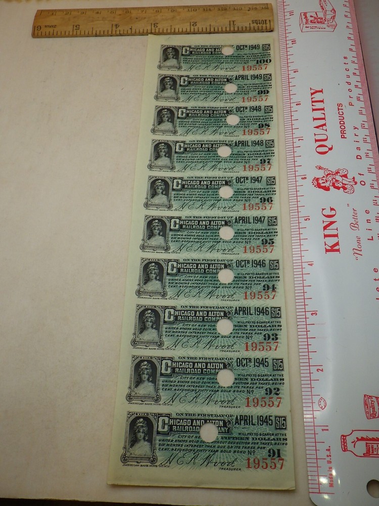 1940s Chicago Alton Railroad Train Vintage Coupon Bond Stock Certificate-image