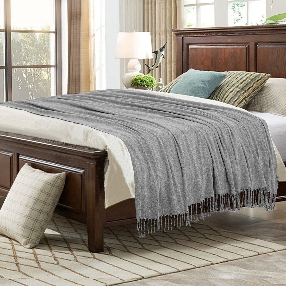 Soft Light Grey Chenille Throw Blanket with Tassels for Bed & Couch