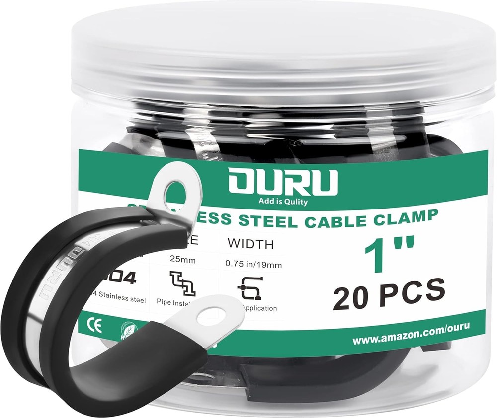 20pcs 1-Inch Black Rubber-Coated Stainless Steel Cable Clamps