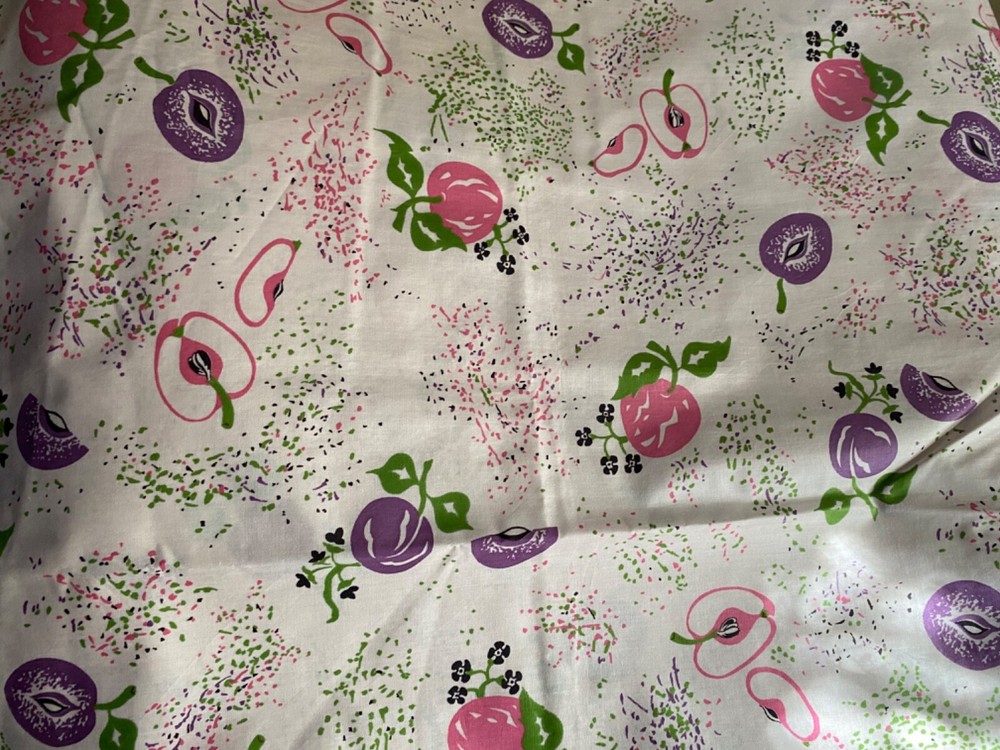 Vintage 1950s MCM pink and purple fruit print cotton fabric 2+ yards for sewing and crafts