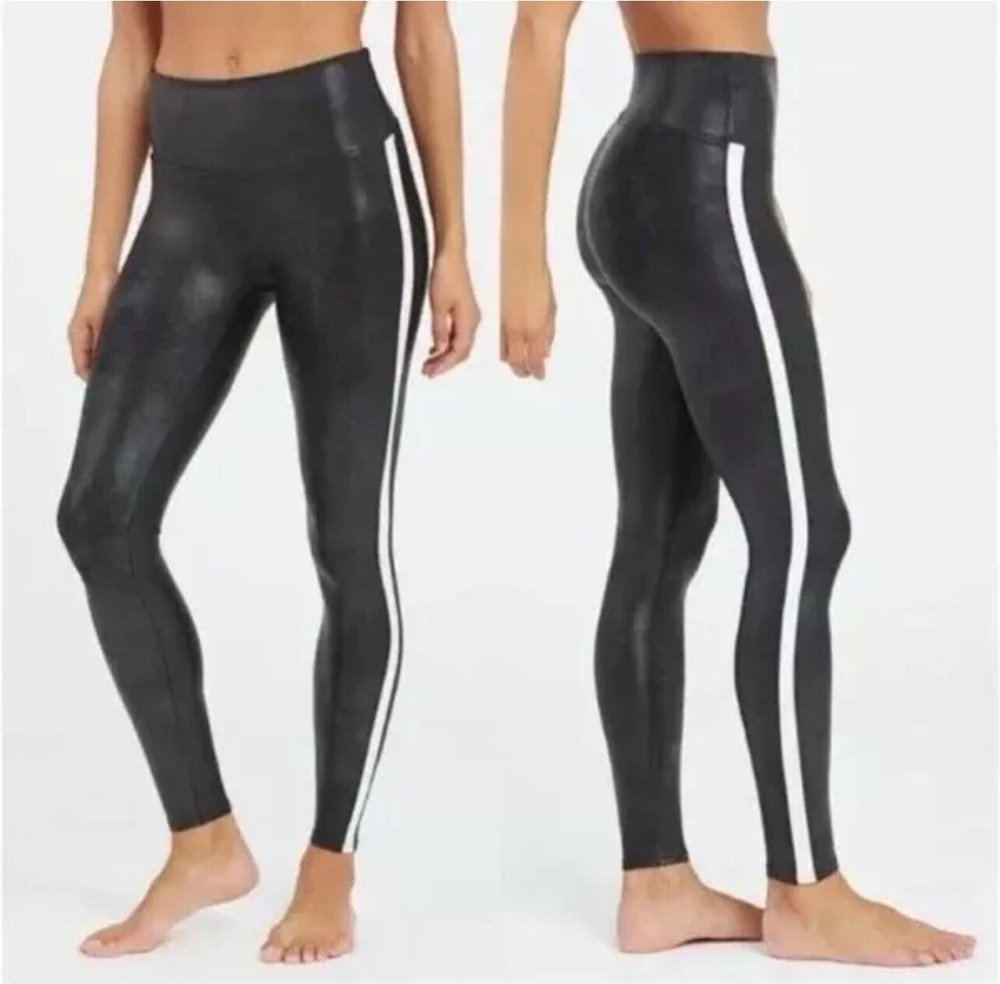 SPANX Faux Leather Leggings with Side Stripes Black White Small Casual Gym Wear