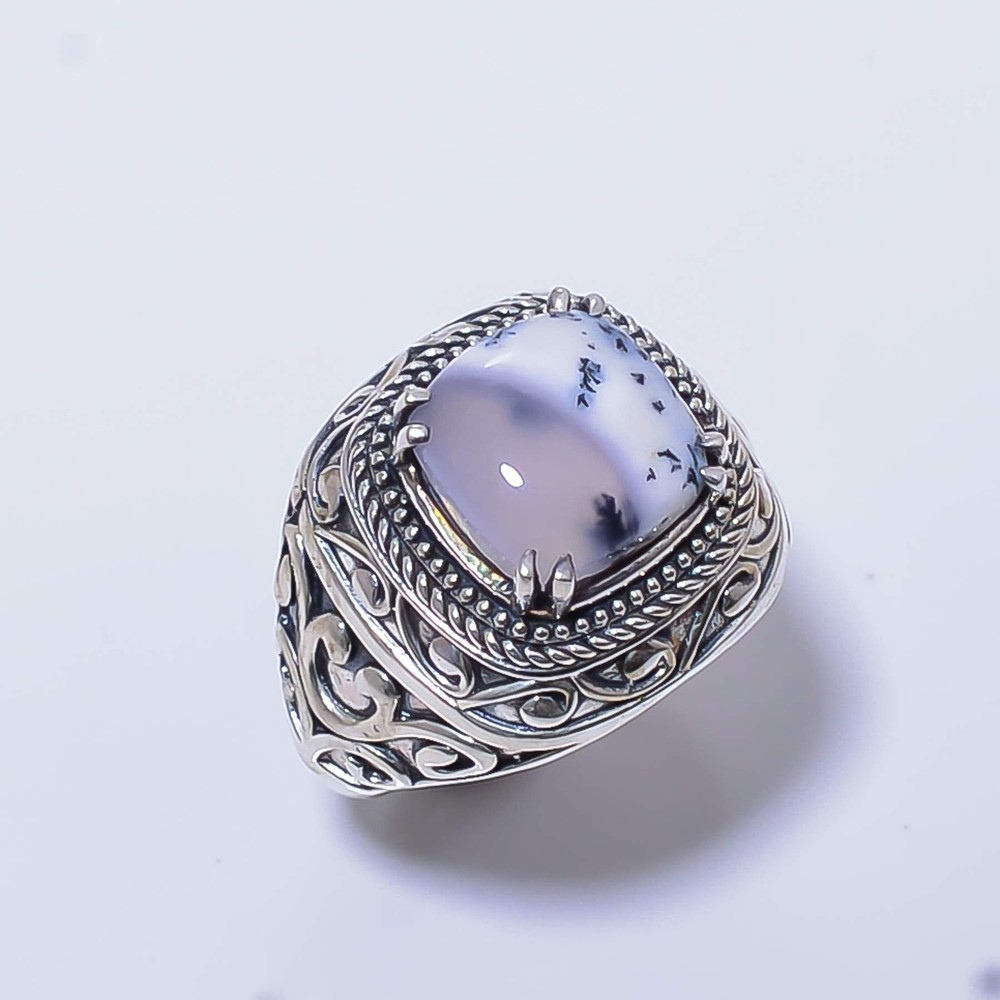Dendritic Opal - Brazil Gemstone 925 Sterling Silver Bali Ring s.8 R7649-4