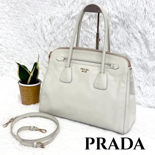 Prada Saffiano Leather 2-Way Handbag White Excellent Condition Japan