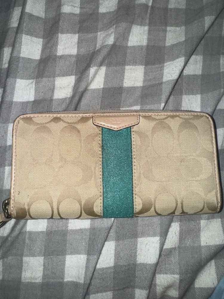 Coach Khaki Canvas Zip Wallet with Teal Center Stripe