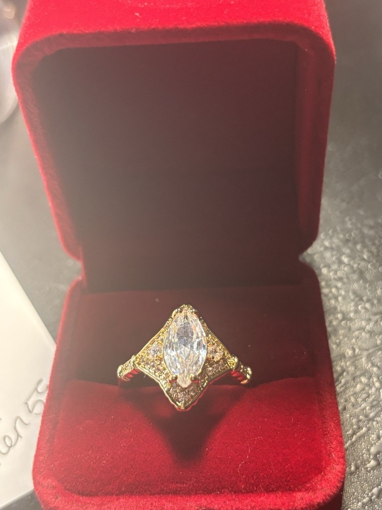Yellow Gold filled Ring Marquise labcreated White Stone Size 9 Red Jewelry Box