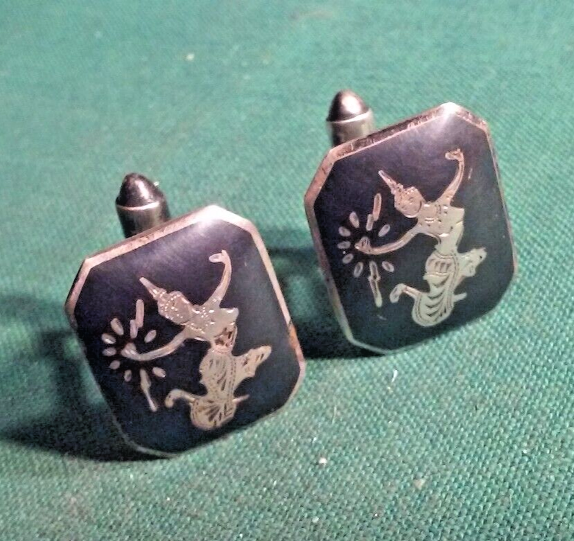 Vintage SIAM Cuff Links Sterling Engraved Silver Dancer Cufflinks 9.5-gm & 7/8”