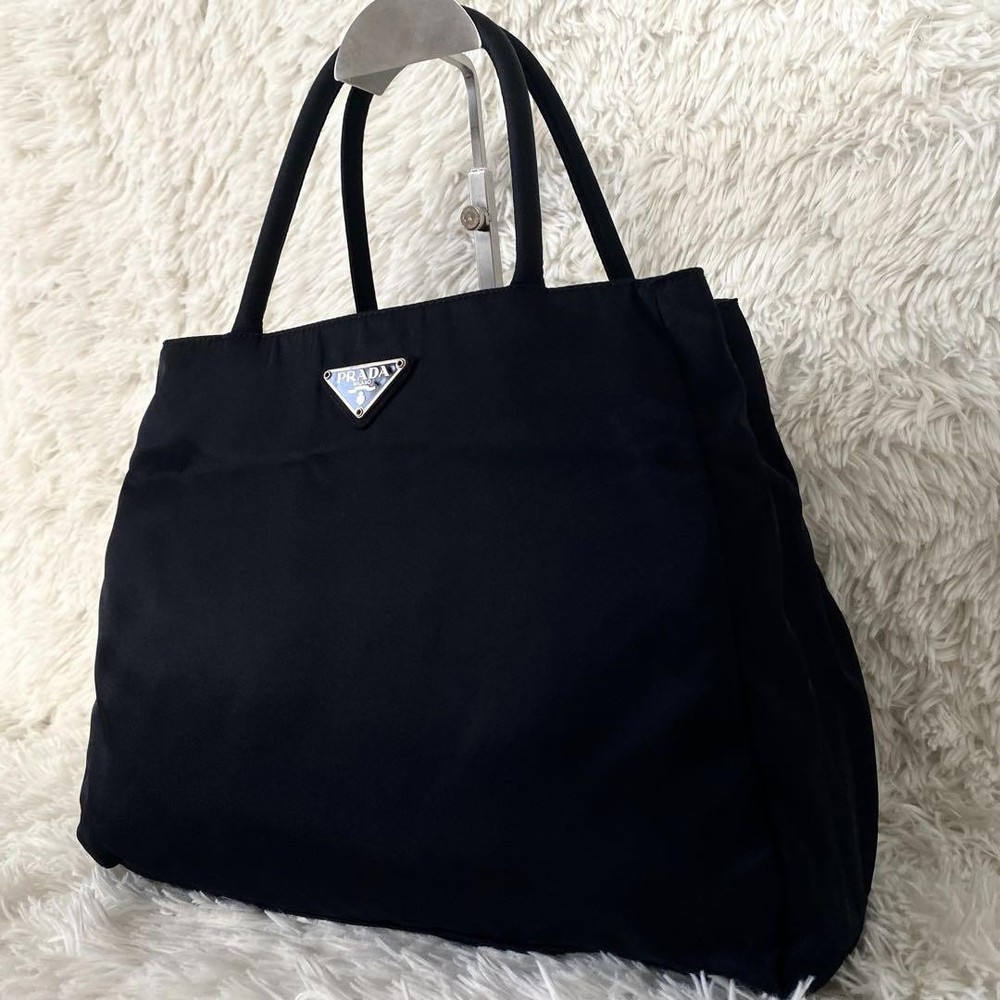 Prada Nylon Tote Bag Black White Triangular Logo 3-Layer Excellent Condition