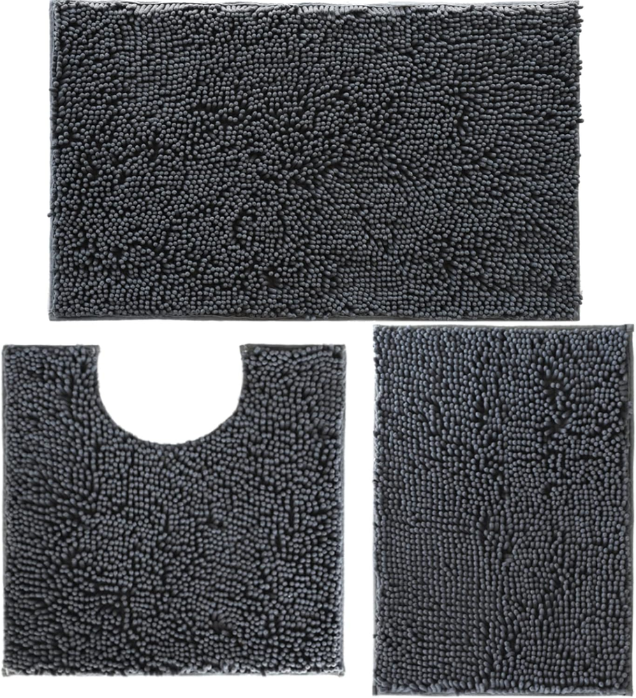Non Slip 3-Piece Chenille Bath Mat Set with PVC Backing Washable Bathroom Rugs