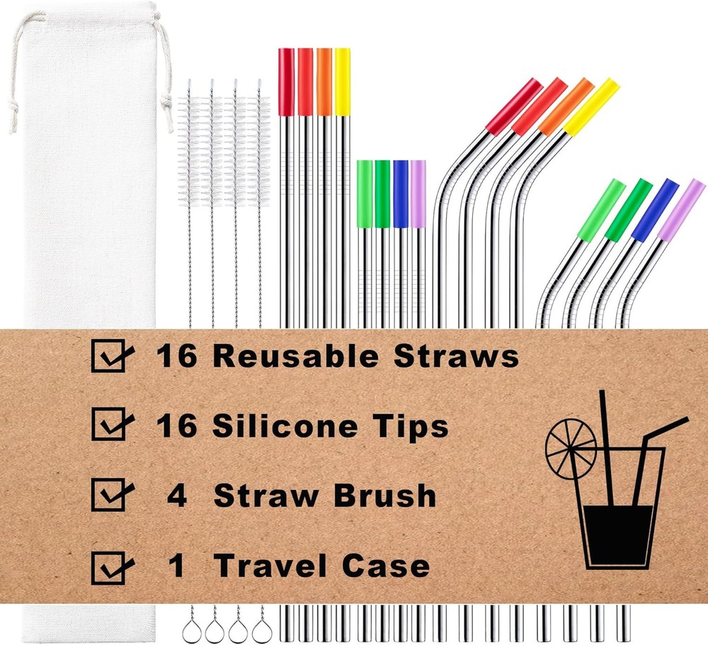 Reusable Stainless Steel Straws -16 Pack 10.5