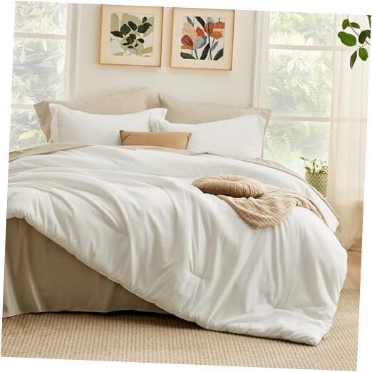 Full Comforter Set - 7 Pieces White Full Bedding Set for All Seasons, Boho