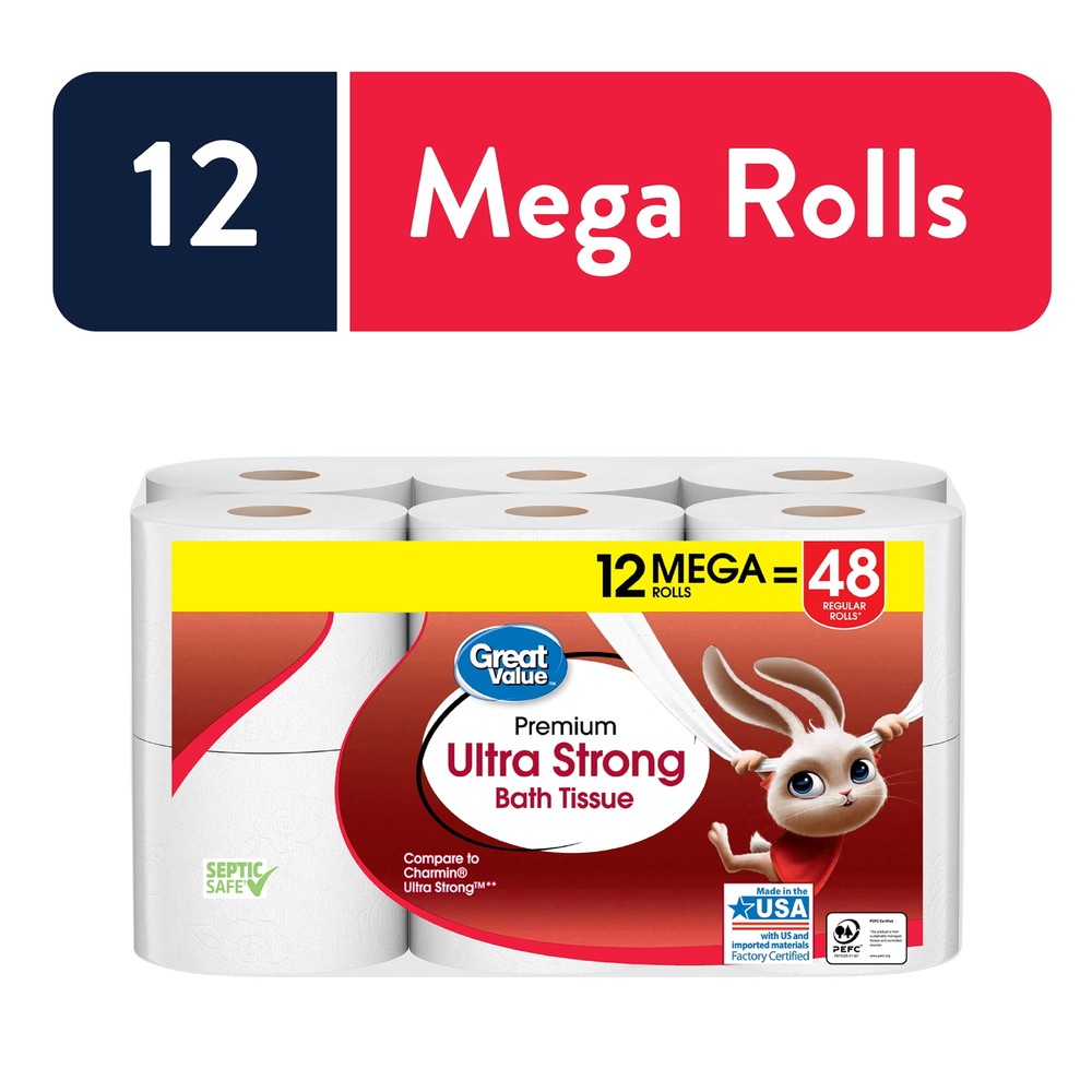 Ultra Strong 2-Ply Toilet Paper 12 Mega Rolls Soft & Durable