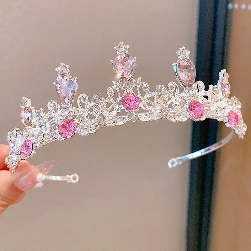 2023 New Women Girls Silver Color Crown Headwear Korean Crystal Tiara Fashion