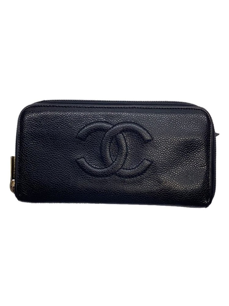 CHANEL Zip Around Long Wallet Coco Mark Caviar CC Black F/S Ladies Pre-Loved