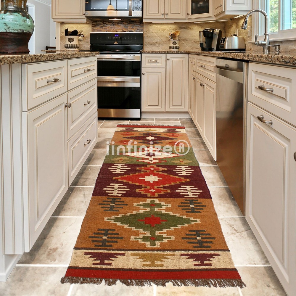 Handwoven Turkish Kilim Stair Runner 2.5x8ft Reversible Wool Jute Yoga Mat Rug  
