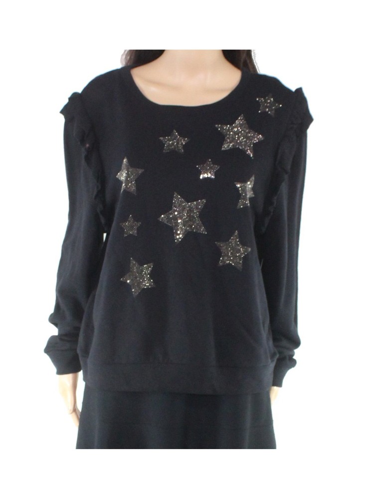 INC Women’s Black Ruffled Star Print Sweatshirt Size Medium