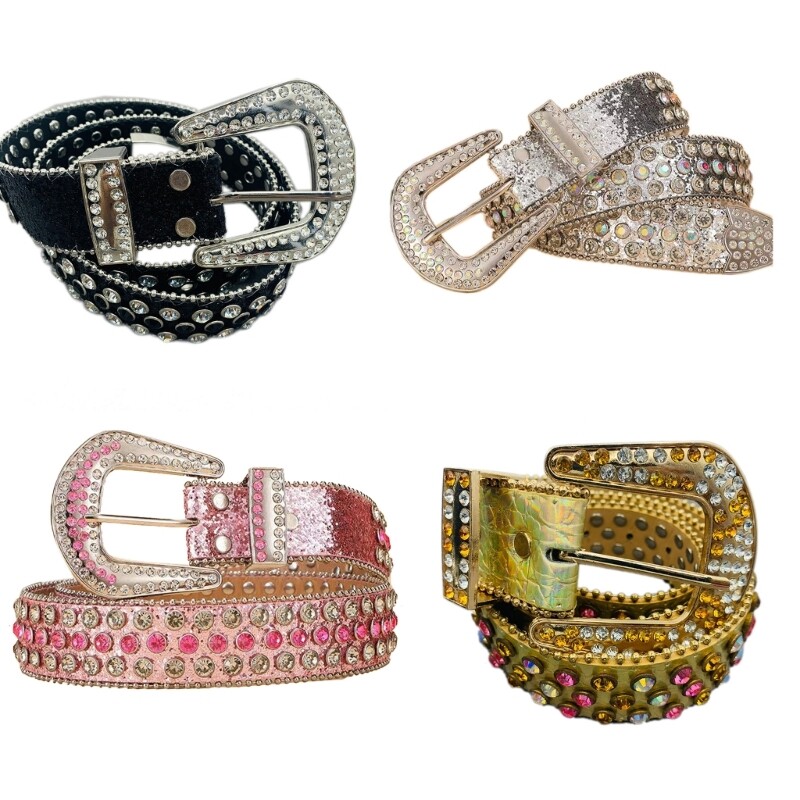 Bling Rhinestone Western Leather Belt for Men & Women