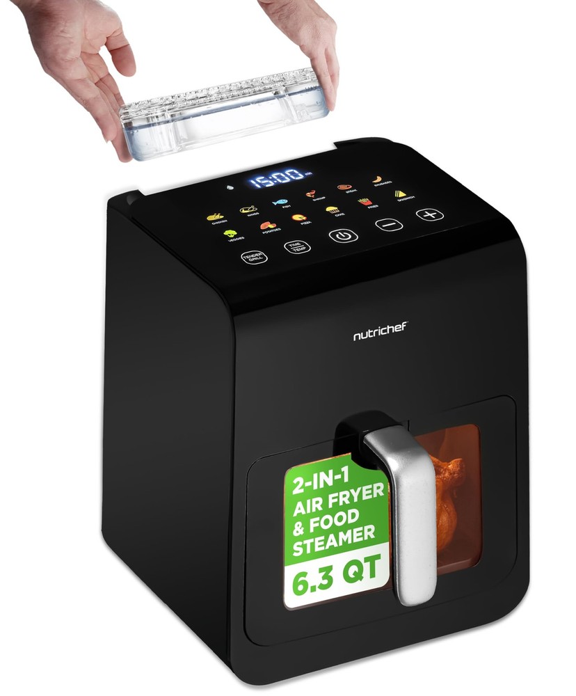 NutriChef 6 Liter Electric Air Fryer & Food Steamer Function - Black