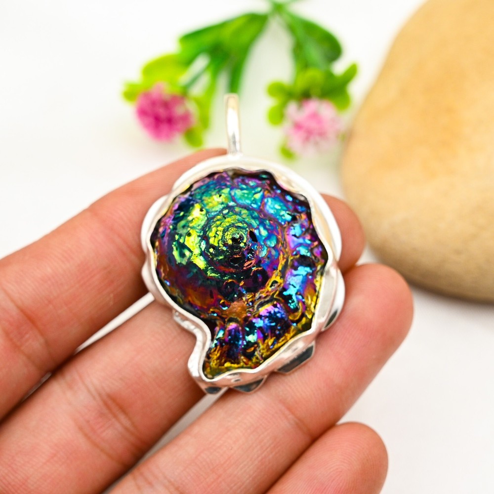 Multi Titanium Druzy Gemstone Pendant Handmade 925 Sterling Silver Jewelry Gift