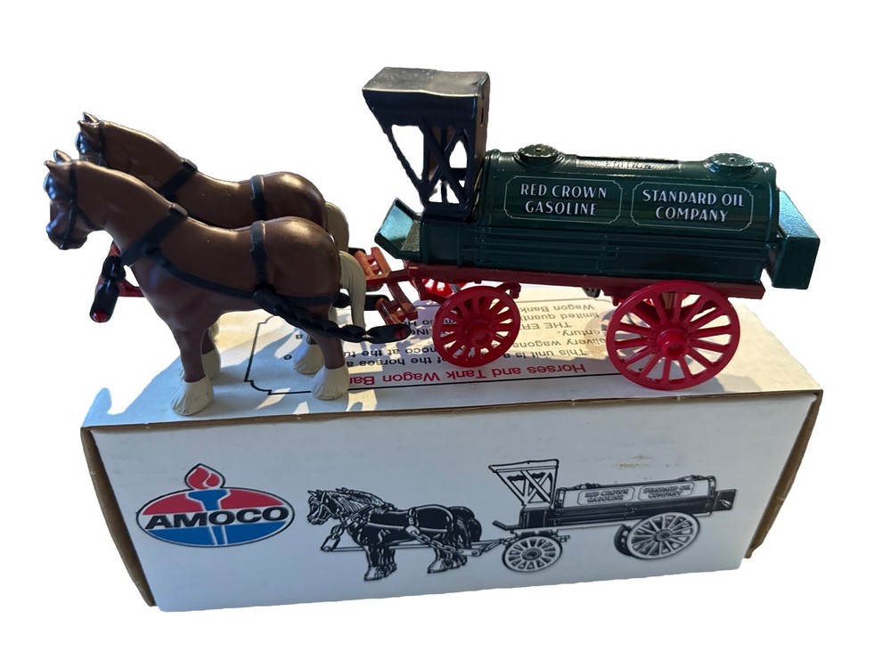 Horses and Tank Wagon Bank Standard Oil Amoco Red Crown Gasoline Car Truck Fans