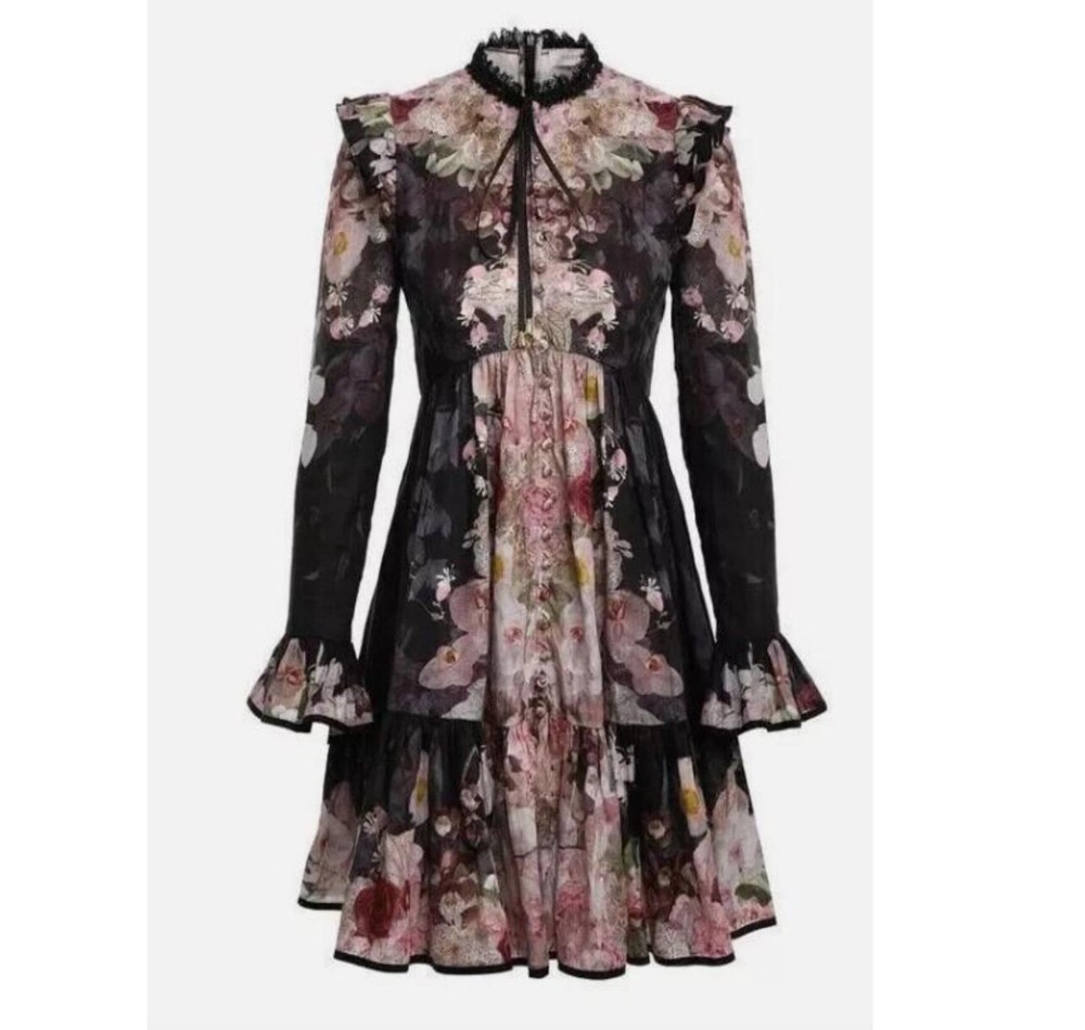 Zimmermann Black & Pink Floral Tie Neck Dancer Mini Linen Dress OP Aus/UK 6 US 2