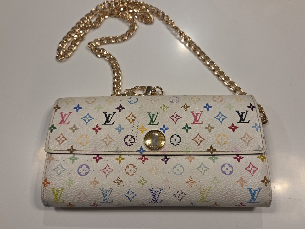 Louis Vuitton Multicolor Chain Wallet Logo Pattern Credit Card Coin Pocket