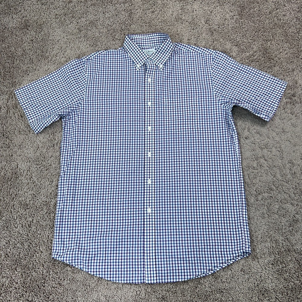 LL Bean Shirt Mens Medium Traditional Blue White Plaid Camp Coastal Cabin Picnic