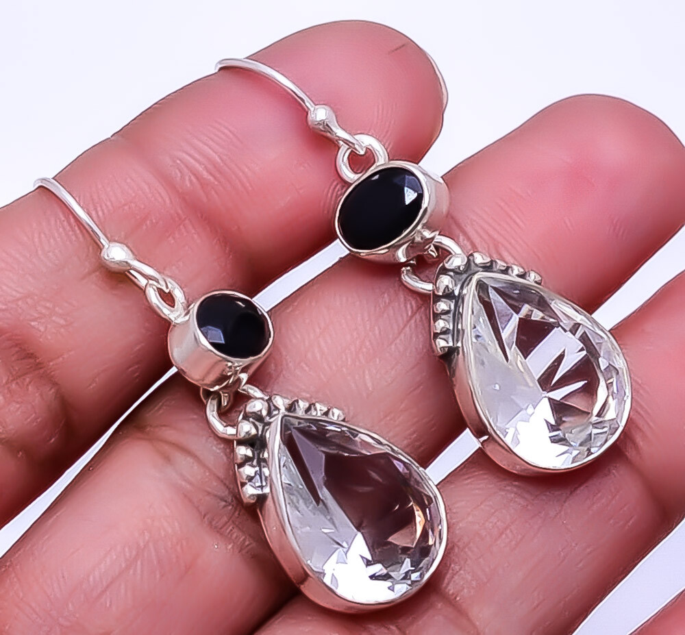 White Topaz & Black Onyx Designer Handmade 925 Sterling Silver Earring 1.72
