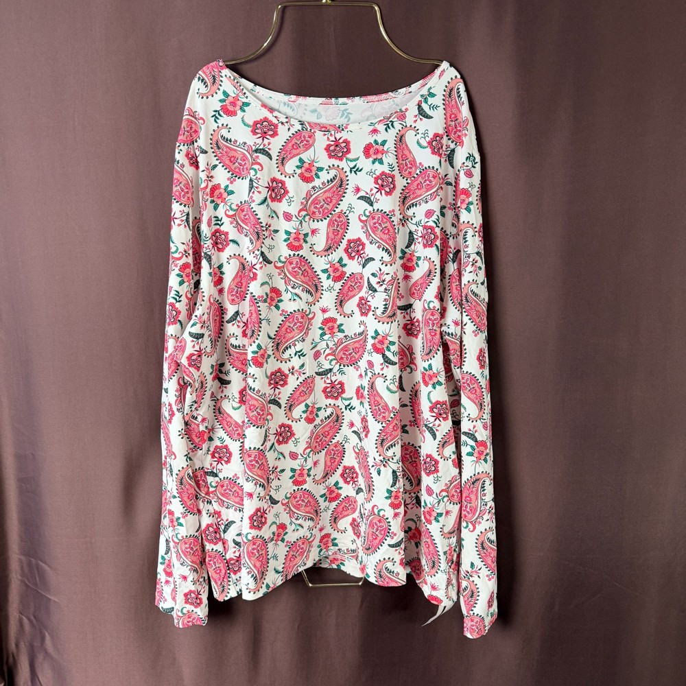 Lands' End Women's M-1X LONG Long Sleeve Rash Guard Swim Tee White Multi Paisley
