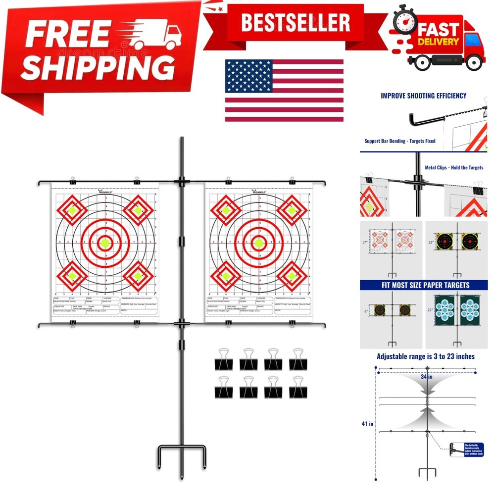 Adjustable Paper Target Stand, Frame with 8 Clips | Clear Bullseye Targets Sh...