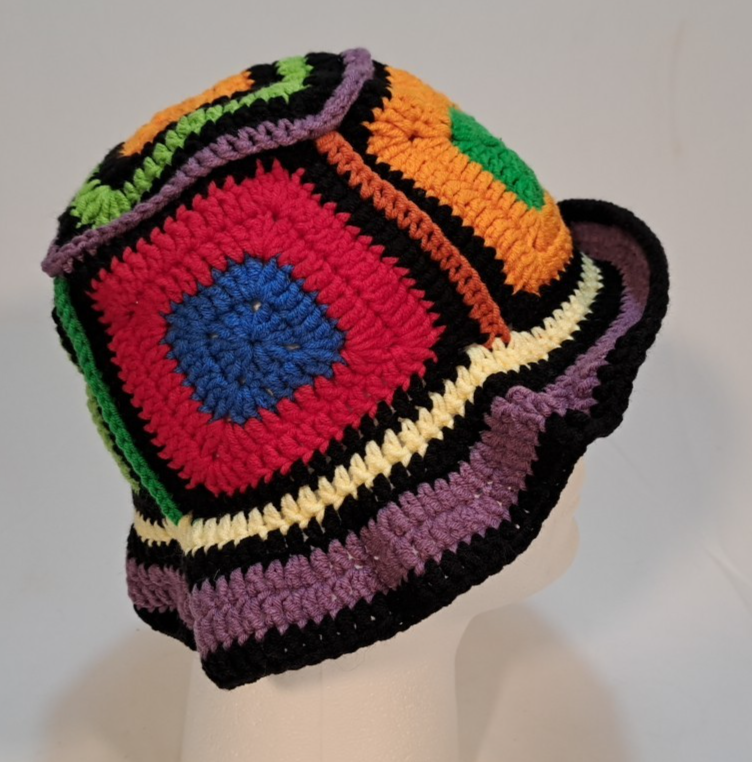 Handmade Crochet Granny Square Bucket Hat Multicolor Boho Festival Retro Style