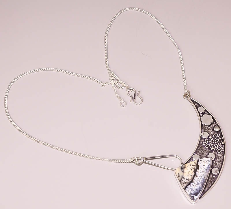 Natural Dendrite Opal Carved Flower Design 925 STERLING SILVER PLATED NECKLACE