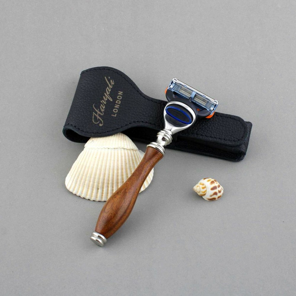 Haryali Men's Wooden 5 Edge Shaving Razor with Leather Pouch Case, Best for Gift