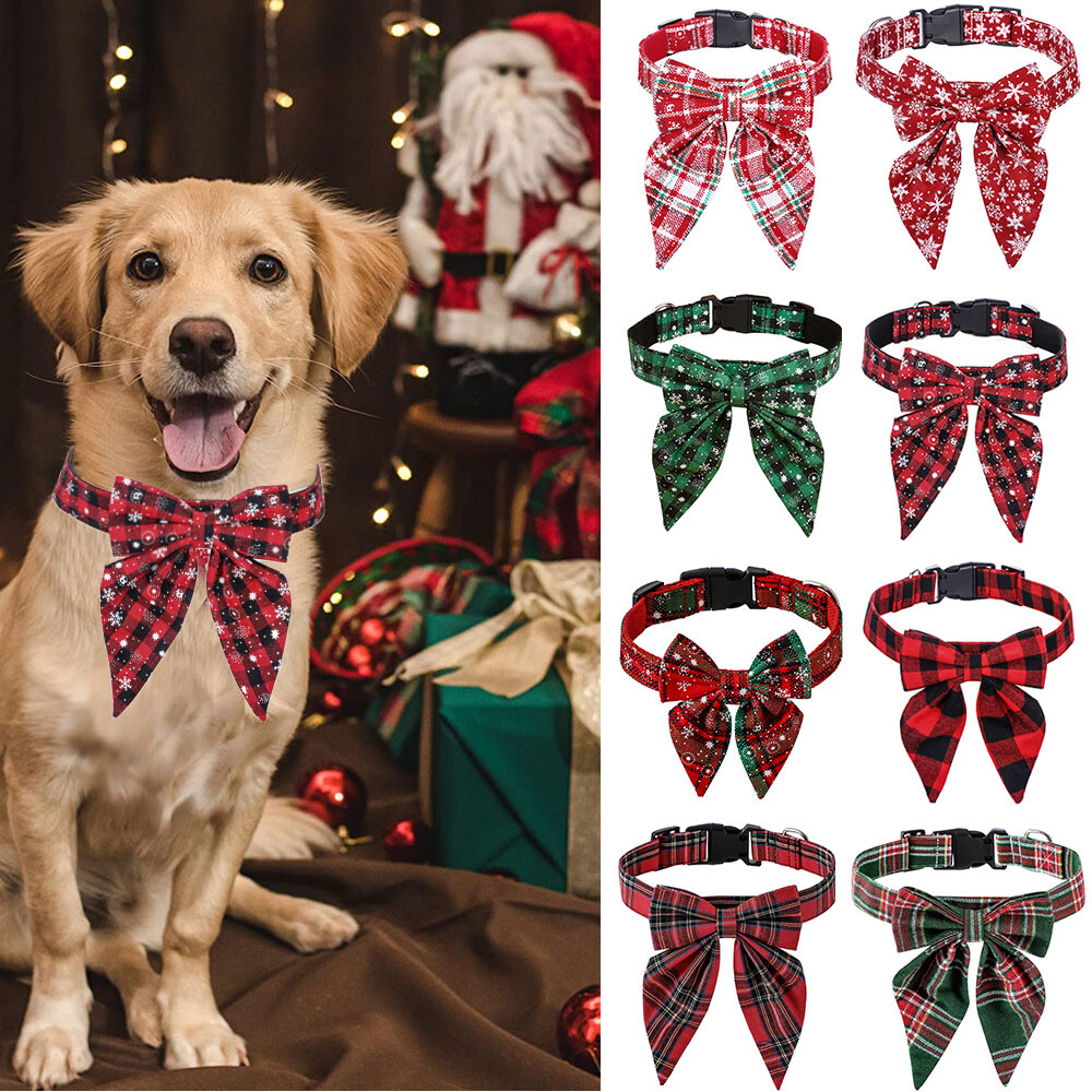 Cat Tie Necklace Christmas Style Large Bow Dog Collar Pet Plaid Collar Cotton US