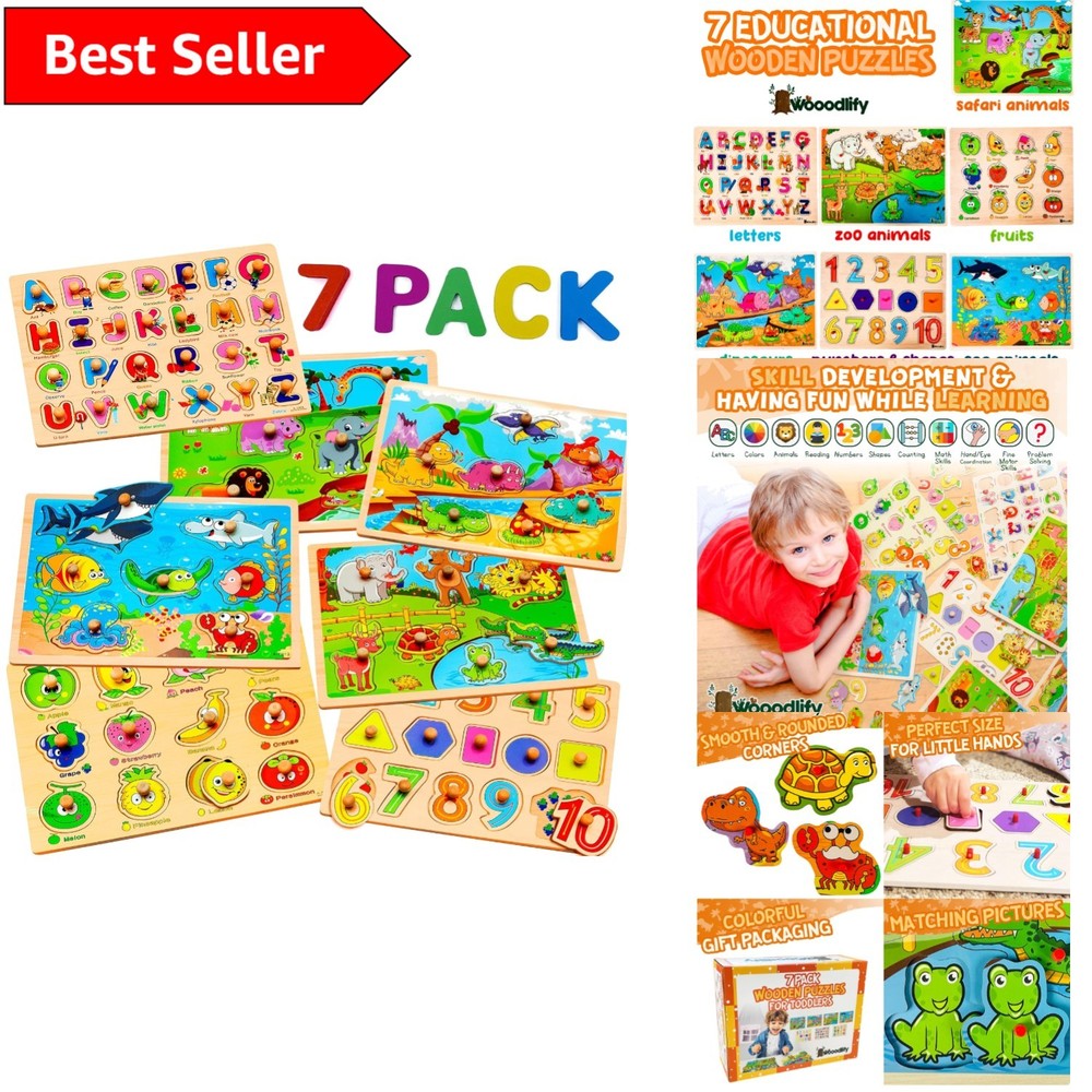 Durable 7-Piece Toddler Puzzle Set for Shapes Numbers and Animals Learning Fun