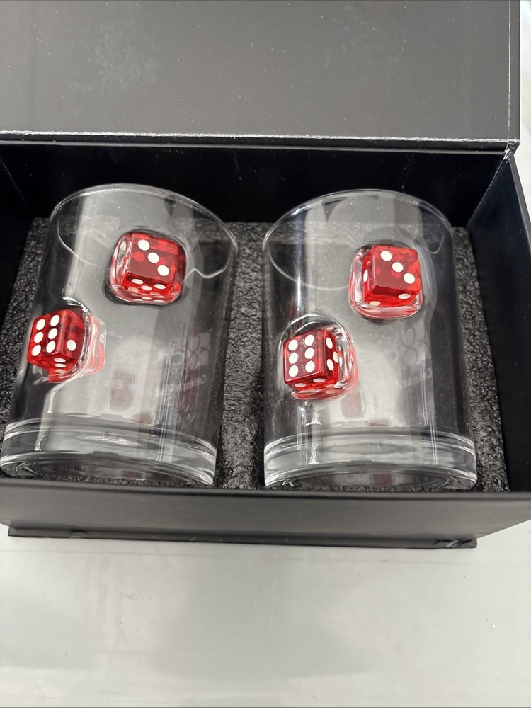 Casino Dice Embedded Whiskey Glass Gift Set PAIR Hand-Blown Seminole Casino