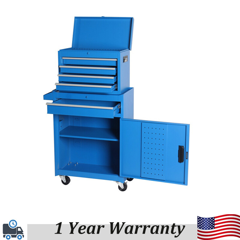 5-Drawer Blue Steel Rolling Tool Cabinet with Detachable Top