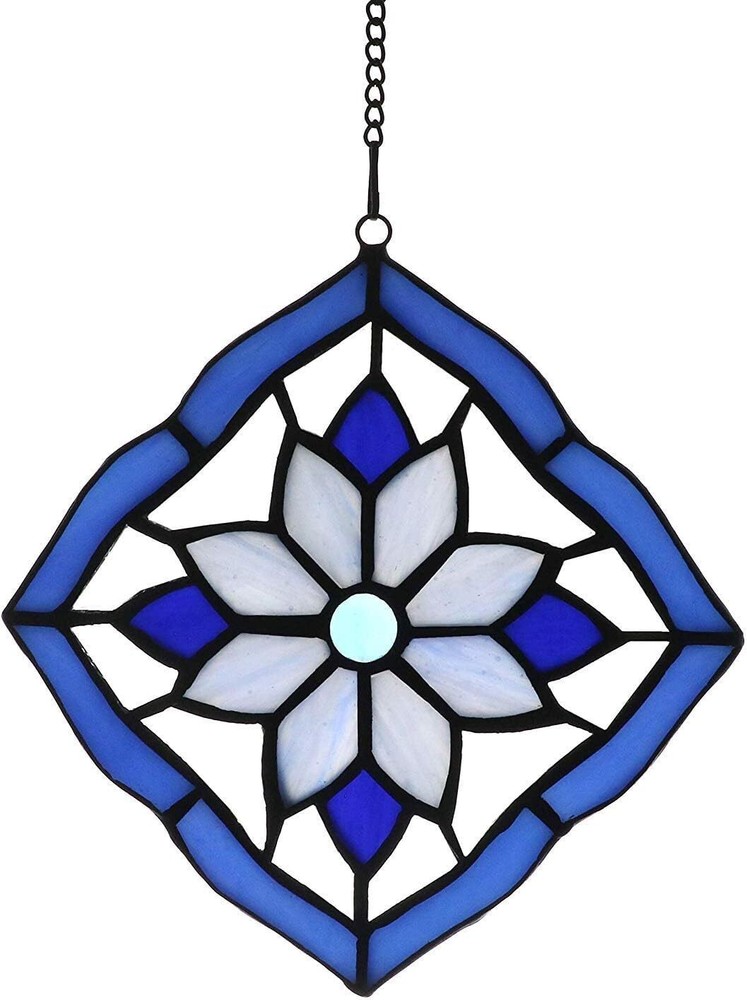 Stained Glass Windows Panels Hanging Suncatchers Flower Blue, 6