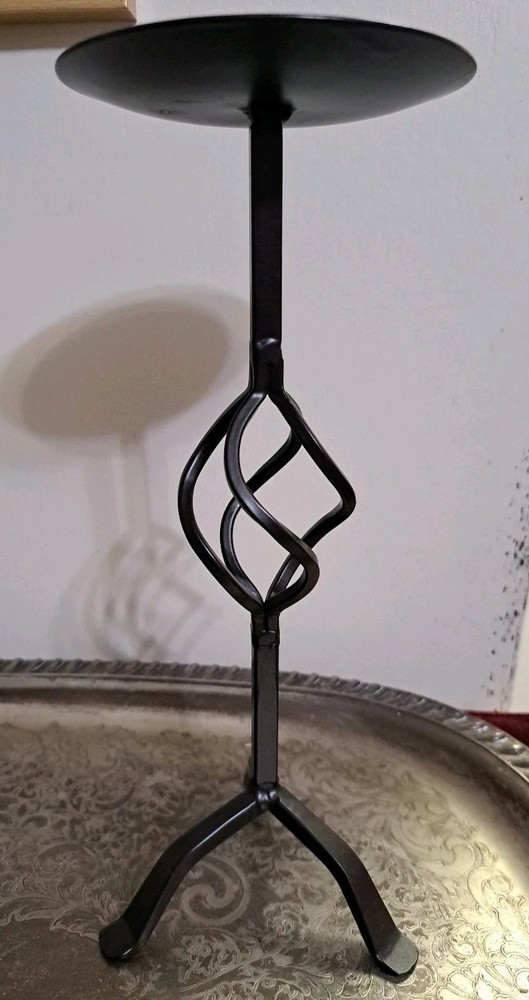 Pillar Candle Holder Welded Wrought Cast Iron Black Twisted Basket  10” Tall