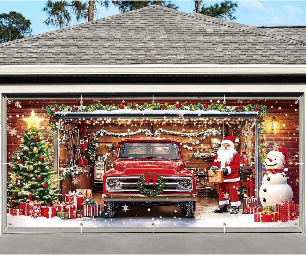 7x16 ft Christmas Garage Door Banner - Santa, Snowman, Christmas Tree, Gifts & S