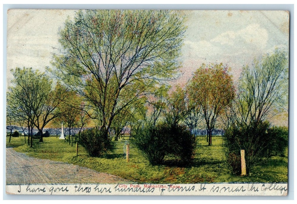 1908 City Park Trees Monument Scene Manhattan Kansas KS Posted Vintage Postcard