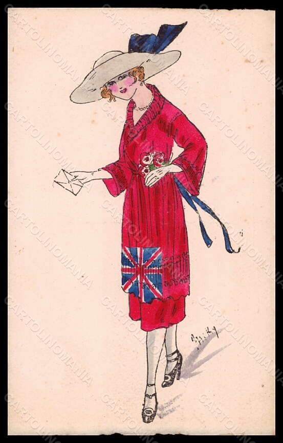 Artist Signed Miki Fashion Glamour Lady Mode Hand Painted British Flag pc VK6222