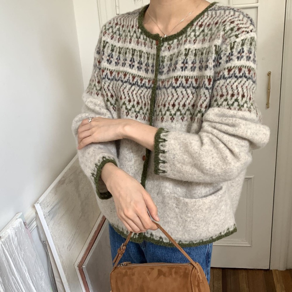 Wool Sweater Crew Neck Retro Jacquard Korean Knitted Cardigan Women's Fleece Top