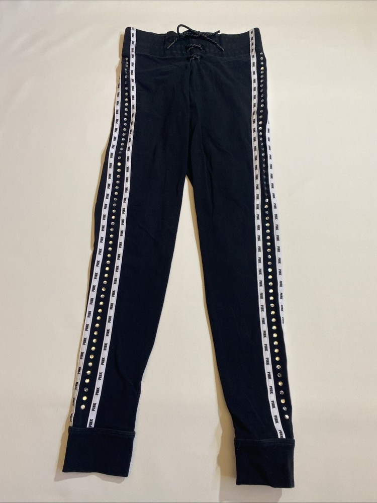 Victoria's Secret Pink Joggers Y2K Rhinestone Detail Size S Black Lace Up Waist