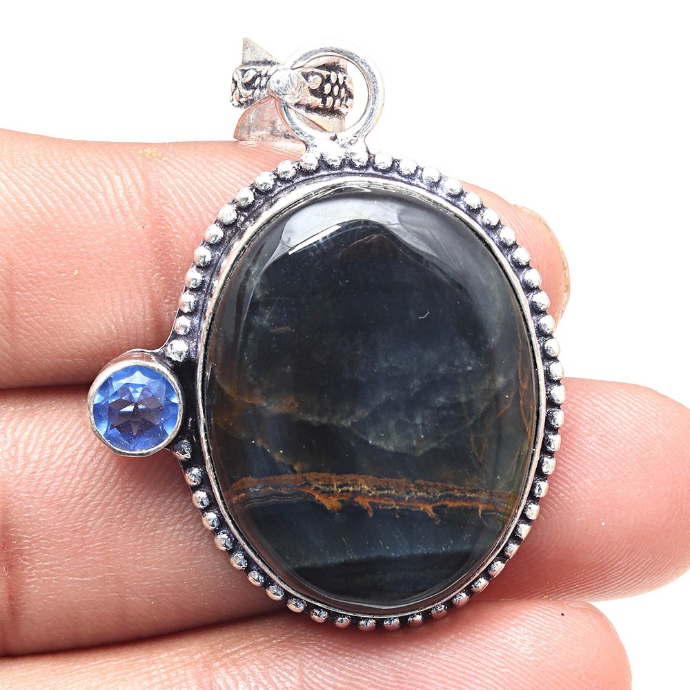 Black Tiger Eye Tanzanite Gemstone Handmade Silver Pendant 2 Inch