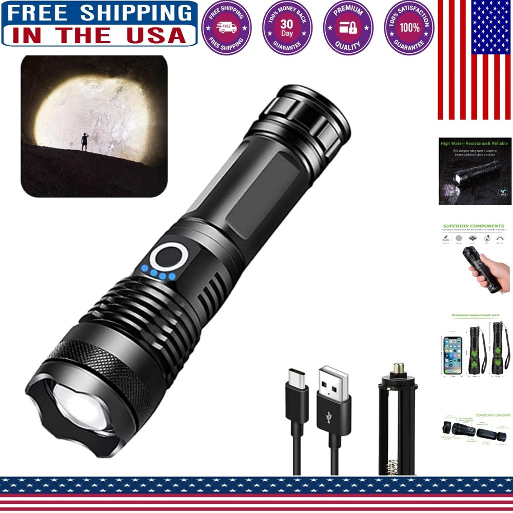 10000 Lumen Tactical Flashlight - Rechargeable, Waterproof, 5 Adjustable Modes