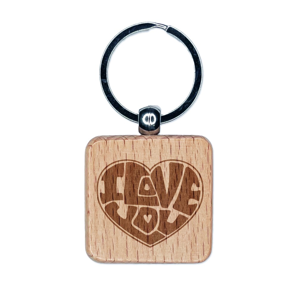I Love You Heart 70s Bubble Letters Engraved Wood Square Keychain Tag Charm